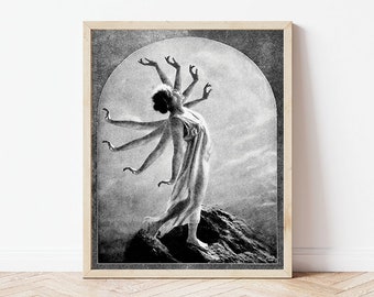 May include: Black and white vintage photograph of a woman with multiple arms reaching up towards a bright light. The woman is standing on a rocky cliff.