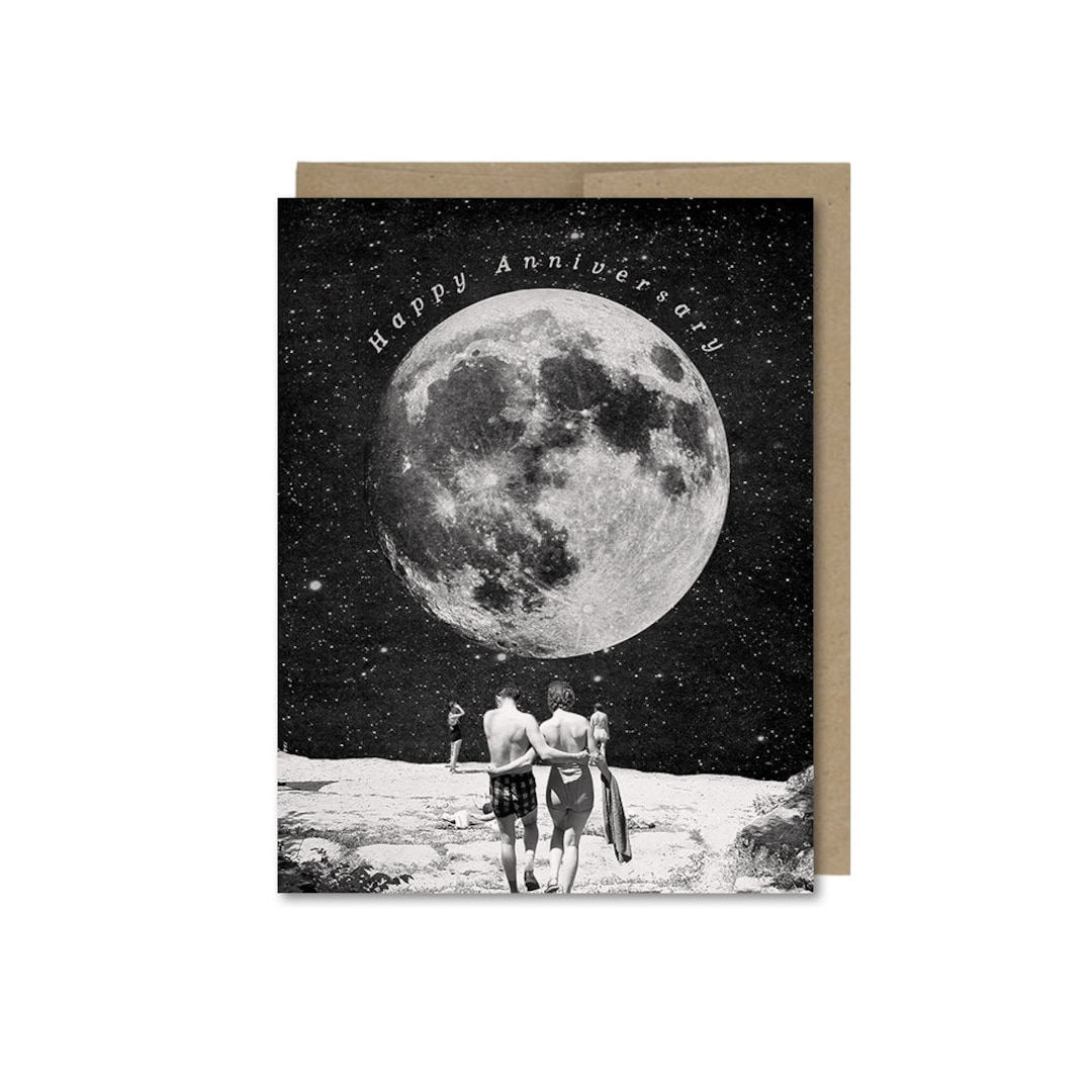 Happy Anniversary Couple & Moon Card • Vintage Beach • Blank Card - Etsy