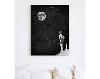 Moon & Swimmer • Canvas Artwork • Vintage Art Collage • Ready To Hang