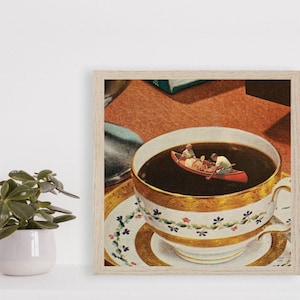 May include: A vintage-style illustration of a teacup filled with coffee. Two people are paddling a canoe in the coffee, which is depicted as a lake.