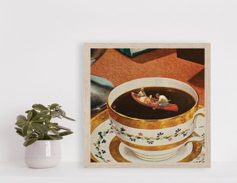 May include: A vintage-style illustration of a teacup filled with coffee. Two people are paddling a canoe in the coffee, which is depicted as a lake.
