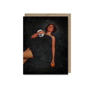 Lady With Moons Card • Vintage Woman Collage Art • Moon & Space Card • Any Occasion • Blank Inside