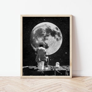 Fisherman & Moon Print • Vintage Fishing Wall Art • 8x10 Print