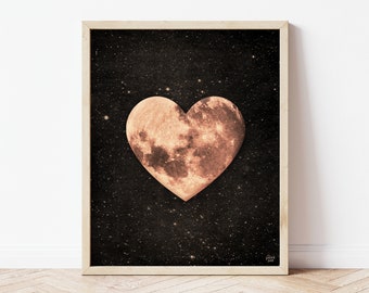 Heart Moon Print • Vintage Romantic Wall Art • Love Print • 8x10 Print