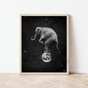 Elephant & Moon Print • Animal Artwork • Elephant Decor • 8x10 Print