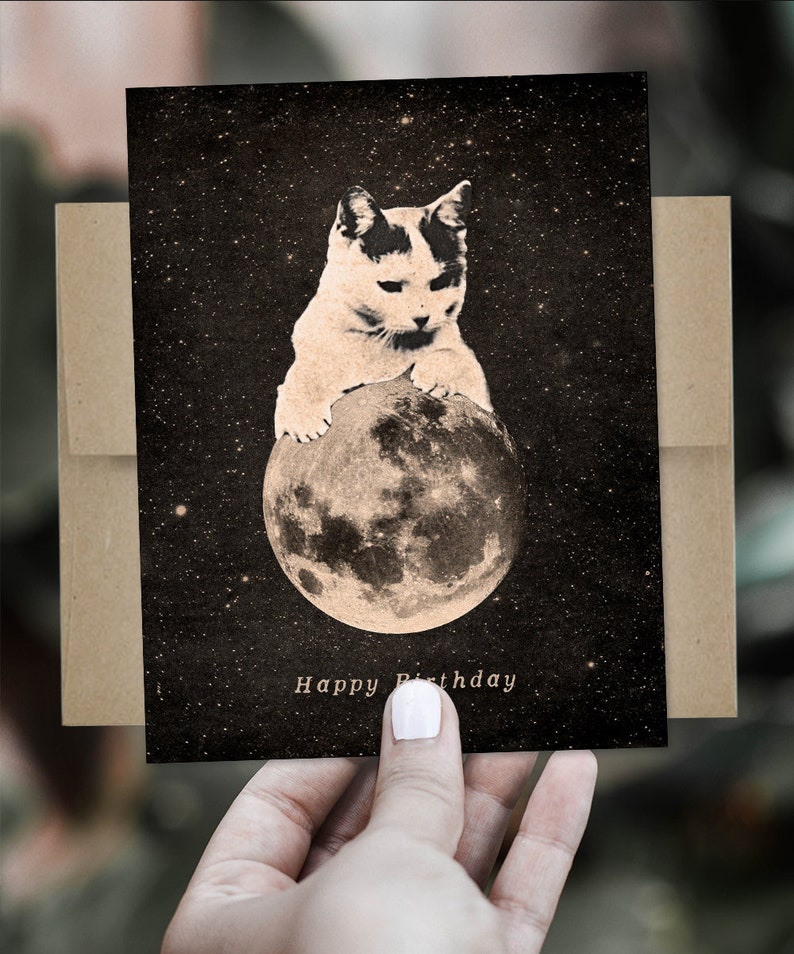 Cat Birthday Card Moon Birthday Card Space Birthday Card image 2