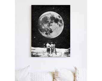 Moon & Beach Couple • Canvas Artwork • Vintage Art Collage • Ready To Hang