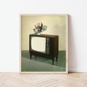 May include: A vintage television set with a spinning spiral pattern on the screen. The television is on a wooden stand and there is a vase of flowers on top of the television.