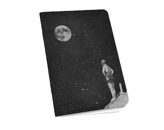Swimmer & Moon Notebook • Small Blank Notebook • Black with Metallic Silver Ink • Vintage Swimmer