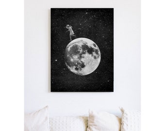 Moon & Girl • Canvas Artwork • Vintage Art Collage • Ready To Hang