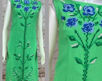 True Vintage 60s Floral Embroidered Dress.  Super Cute Unique Vintage Dress - Mod 60&#39;s Neon Retro Sleeveless Dress