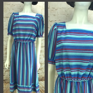 Super Cute Women&#39;s Vintage Striped Cotton Dress - Blue Teal and Red Striped Shirt Dress