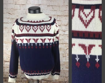 Vintage Sweater - 80s JC Penny Fair Isle Sweater - vintage ski sweater - red white and blue - mens vintage sweater large -L-