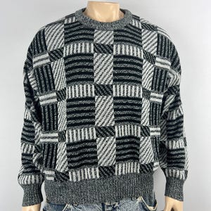 Vintage 90&#39;s EXPRESSIONS Abstract Acrylic Sweater - Black and White - Large