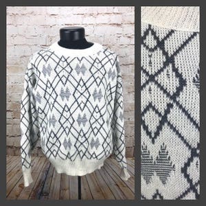 Vintage geometric sweater Men&#39;s Sweater - Abstract Geometric Sweater - Tribal Sweater - Ted McGill Sweater - 80&#39;s 90&#39;s Gray and White Pullov