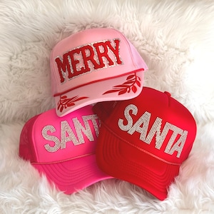 Santa Trucker hat| Merry Christmas Trucker Hats | Rhinestone Holiday Hats | Festive Christmas Party Hat | Pink & Red Santa Hat