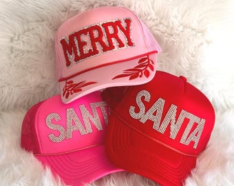 Rhinestone Santa Trucker Hat, Christmas Party Hat