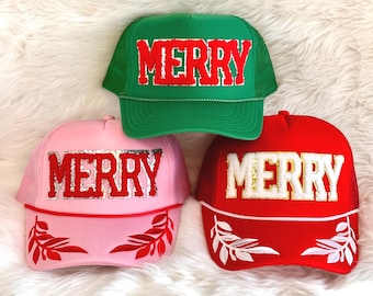 MERRY Christmas Trucker Hat, Chenille Patch, Holiday Party
