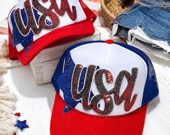 Sparkly USA Trucker Hat, Red White Blue Glitter Patch, Patriotic 4th of July Cap