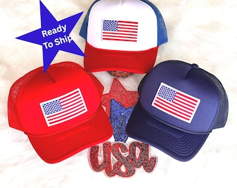 Embroidered American Flag Trucker Hat | Patriotic USA Mesh Cap