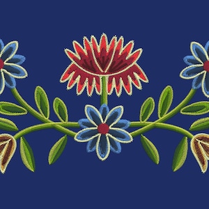 May include: A floral design with red, blue, and yellow flowers embroidered on a dark blue background. The flowers are stylized and have a beaded appearance.