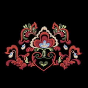 May include: Embroidered floral design featuring red, green and blue flowers on a black background. The design includes a central flower with a heart-shaped base and two smaller flowers on either side.