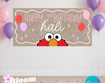 May include: A birthday banner with the text "HAPPY 2nd BIRTHDAY hali" in pink and white, featuring a red character with large eyes. The banner is decorated with balloons and star accents, with a light brown background.