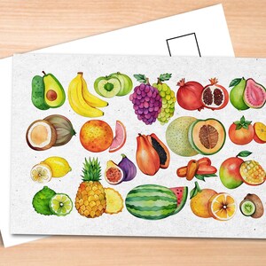 May include: Watercolor illustration of various fruits, including avocado, bananas, grapes, pomegranates, and watermelon. The image is on a white card, with a wooden background.