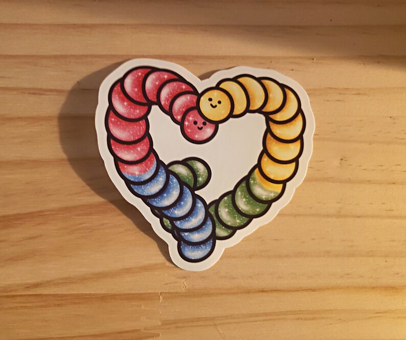 Gummy Worm Sticker Heart Gummy Worm Glossy Vinyl Waterproof Sugar Glittery Candy 90s Heart Gummy Sticker