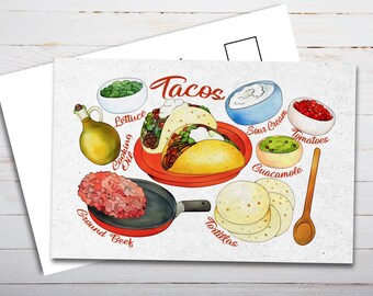 Watercolor Tacos Recipe Postcard - Thick Cardstock - For Sending A Postcard To A Friend