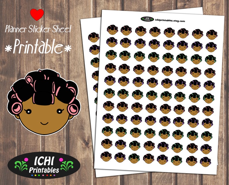 Kawaii Black Girl Stickers Hair Day Hair Salon Hair Rollers Printable Planner Stickers African American Curler Stickers Functional