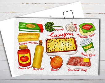 Illustrated Lasagna Recipe Postcard - Thick Cardstock - For Sending A Postcard To A Friend