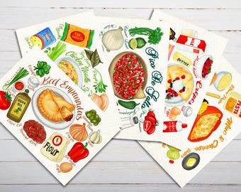 Illustrated Recipe Postcards Food Bundle #2 - 5 Postcards - Thick Cardstock - For Sending A Postcard To A Friend