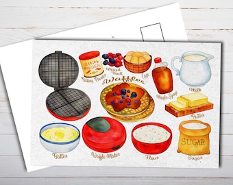 Illustrated Waffle Recipe Postcard - Thick Cardstock - For Sending A Postcard To A Friend