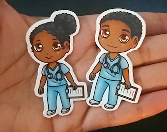 African American Nurse RN Sticker | Glossy Vinyl Waterproof Black Chibi RN Medical OBGYN Anime