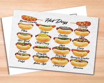 Hot Dogs Postcard - Thick Cardstock - Gift for loved ones