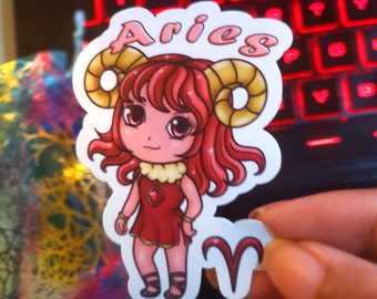 Aries Zodiac Sticker | Glossy Vinyl Waterproof Chibi Ram Anime Girl