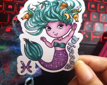 Pisces Zodiac Sticker | Glossy Vinyl Waterproof Chibi Mermaid Anime Girl