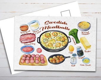 Illustrated Swedish Meatballs Recipe Postcard - Thick Cardstock - For Sending A Postcard To A Friend