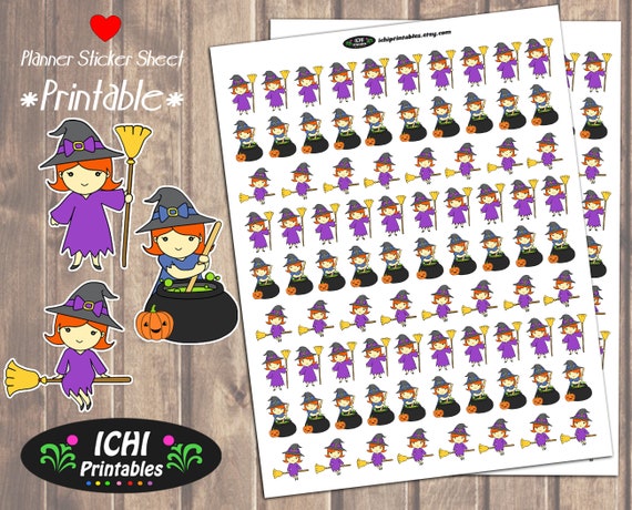Witch Printable Planner Stickers, Witch Planner Stickers, Halloween, Halloween Stickers, Redhead, Cute Witch, Ginger, Printable Stickers Il_570xn