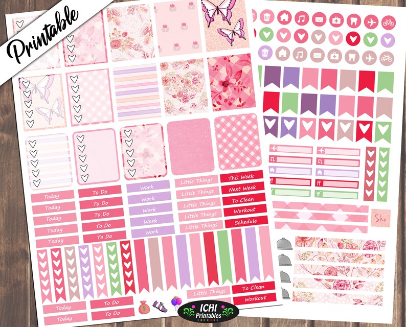 girly pink weekly planner kit floral printable stickers etsy