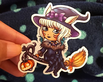 Halloween Witch Y'shtola FF14  Sticker | October Witchy Trick Or Treat | Glossy Vinyl Waterproof Chibi