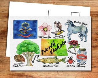North Dakota State Postcard - Thick Cardstock - 4x6 - Watercolor