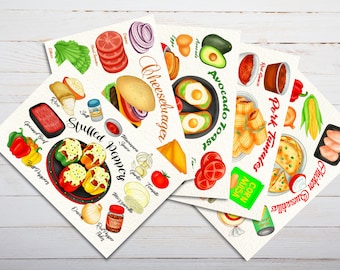 Illustrated Recipe Postcards Bundle - 5 Postcards - Thick Cardstock - For Sending A Postcard To A Friend