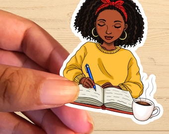 Bookish Black Girl Writing Sticker | Glossy Vinyl Waterproof Decal | Book Club Author Planner