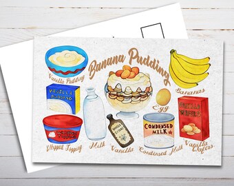 Banana Pudding Recipe Postcard - Thick Cardstock - For Sending A Postcard To A Friend