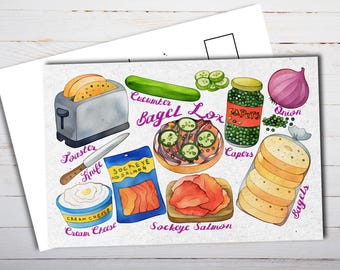 Illustrated Bagel Lox Recipe Postcard - Thick Cardstock - For Sending A Postcard To A Friend