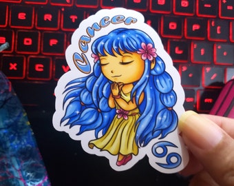 Cancer Zodiac Sticker | Glossy Vinyl Waterproof Chibi Anime Girl