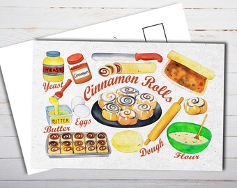 Illustrated Cinnamon Rolls Recipe Postcard - Thick Cardstock - For Sending A Postcard To A Friend