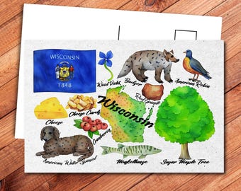 Wisconsin State Postcard - Thick Cardstock - 4x6 - Watercolor